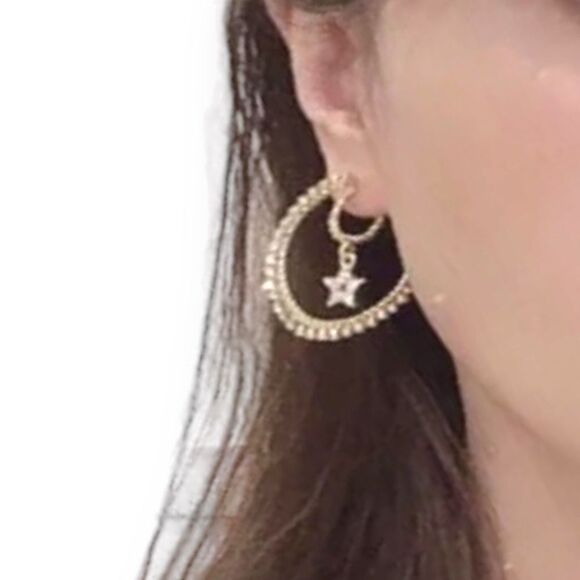 Gold Pearl Hoops Crystal Hanging Stars Double Hoop Post Earrings - Picture 2 of 3